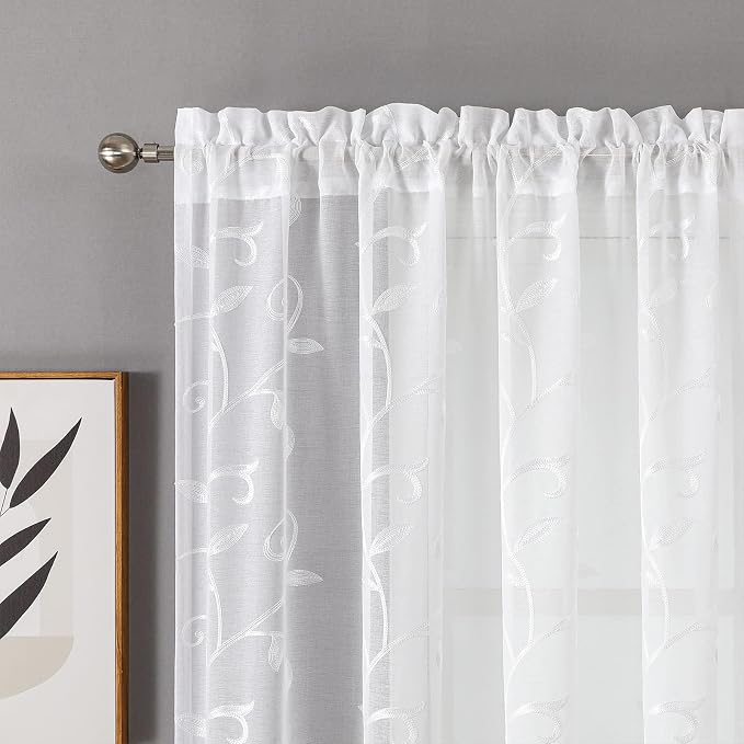 White Sheer Curtains Embroidered Leaves 2 Panels 54Wx54L | Light Filtering - Image 5