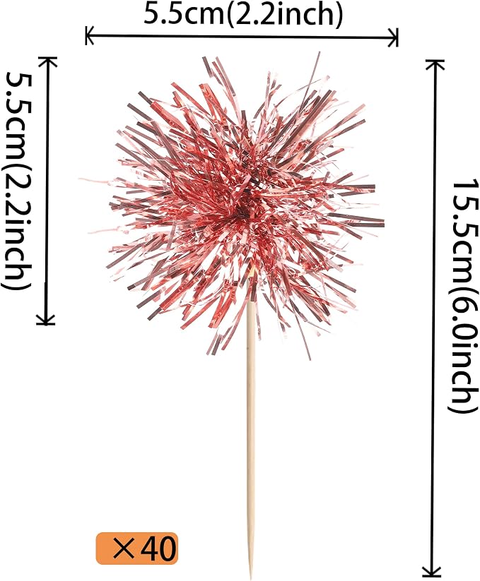 40 PCS Foil Firework Cupcake Toppers Rose Gold Sparkler Cupcake Picks Sparkle - Image 2