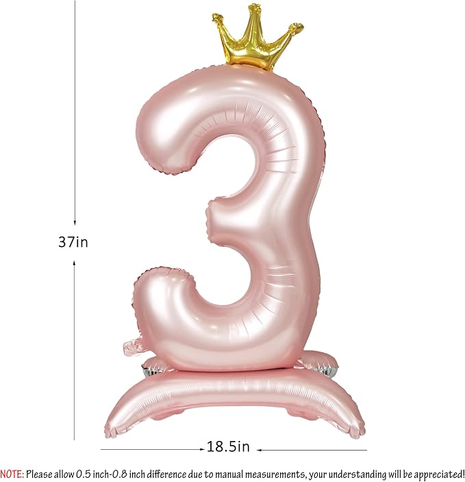 Pink Crown Number 3 Balloon Standing Pink Princess digital 3 Foil Balloon | - Image 2