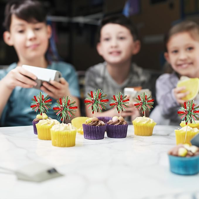 Gyufise 20Pcs Foil Firework Cupcake Toppers Happy Birthday Cake Toppers Tinsel - Image 4