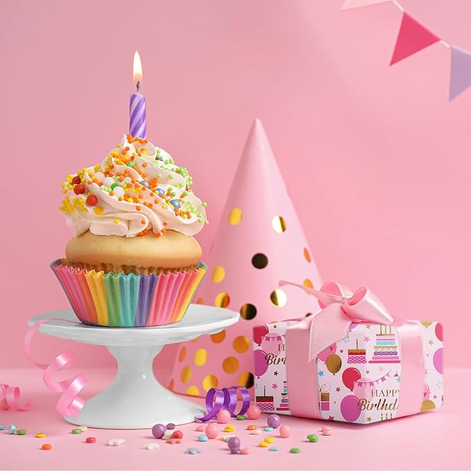 Aimyoo Pink Birthday Wrapping Paper Roll - 17 Inch X 32.8 Feet - Gold Foil Celebration Cake, Balloon, Happy Birthday Lettering Design Gift Wrap for Kids, Baby Showers