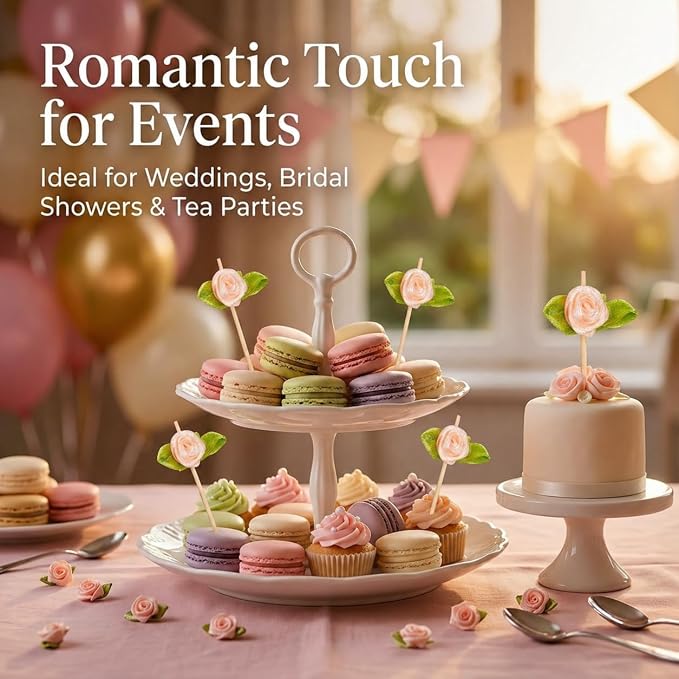 100PCS 4.7" Flower Cocktail Picks, Ribbon Rose Toothpicks Appetizer Skewers | - Image 2