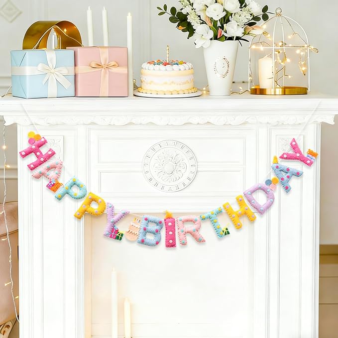 Unique Pre-Strung Handmade Wool Felt Pastel Happy Birthday Banner Garland | 3D - Image 7
