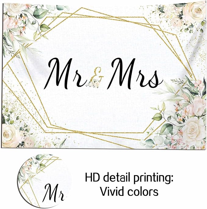 10x8FT Mr & Mrs White Floral Bridal Shower Backdrop Mr Mrs Wedding Theme Photo - Image 4