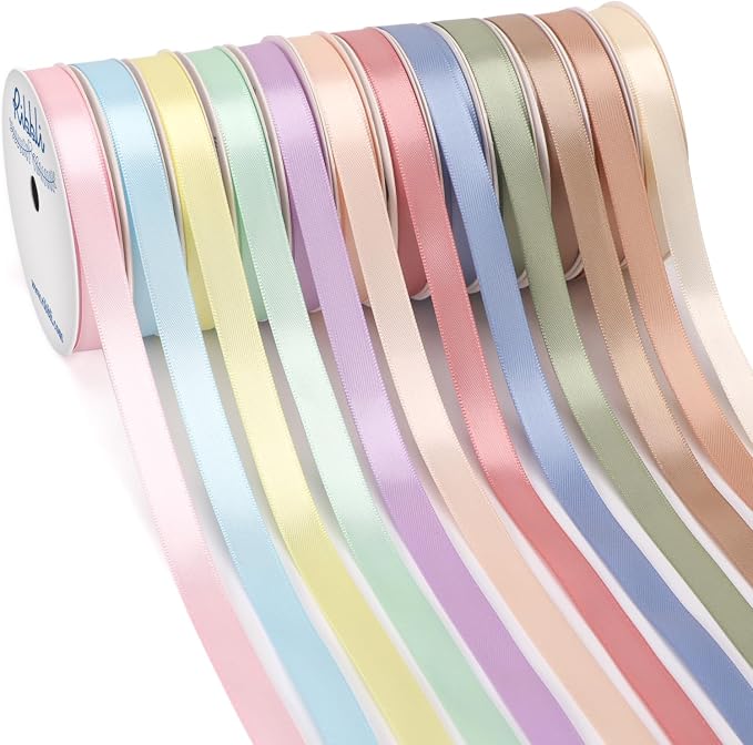 Ribbli Pastel Easter Satin Ribbon 3/8 Inch x 12 Rolls Total 60 Yards- Morandi by Ribbli