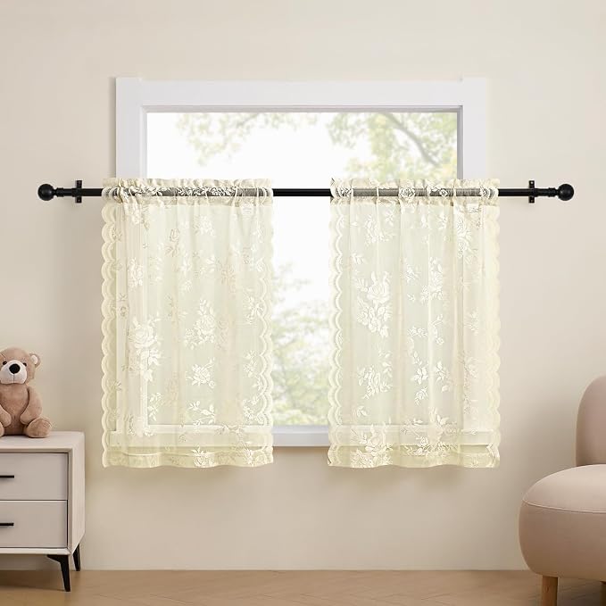 SEEKRIGHT Ivory Lace Cafe Curtains 36 Inch Length Rod Pocket Privacy Sheer - Image 2