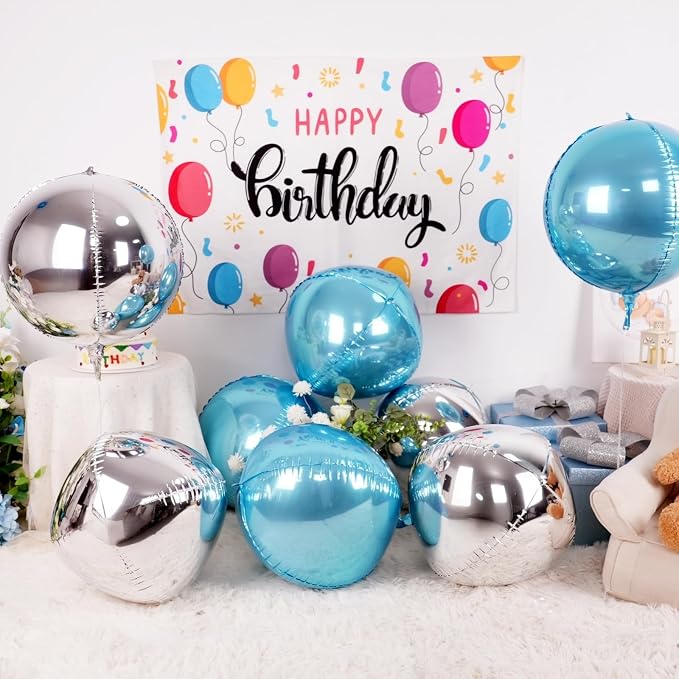 6Pcs Blue Silver Round Foil Balloons, 22inch 4D Metallic Silver Blue Balloons - Image 3