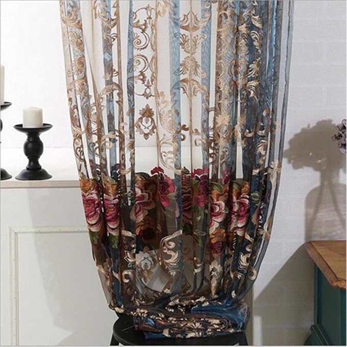 pureaqu Floral Embroidered Sheer Widnow Curtain Rod Pocket 1PC W39 x L84 | - Image 5