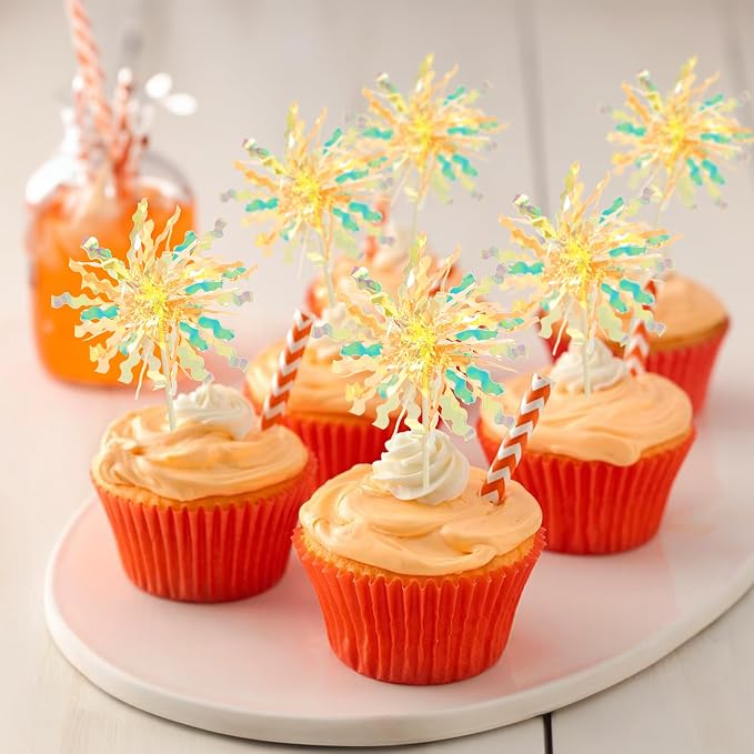 Gyufise 20Pcs Foil Firework Cupcake Toppers Happy Birthday Cake Toppers Tinsel - Image 4