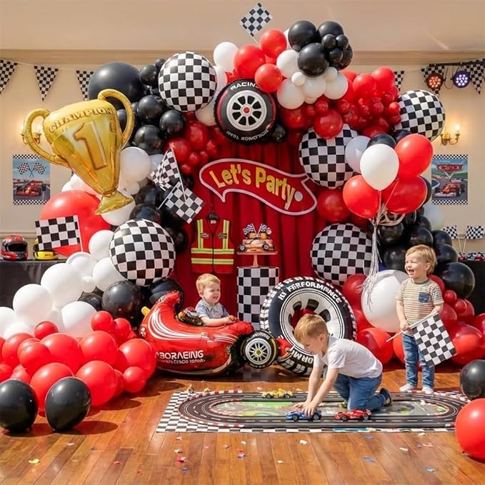 Race Car Balloons Arch Kit -Trophy, Wheels and Red Black White Balloon Garland - Image 5