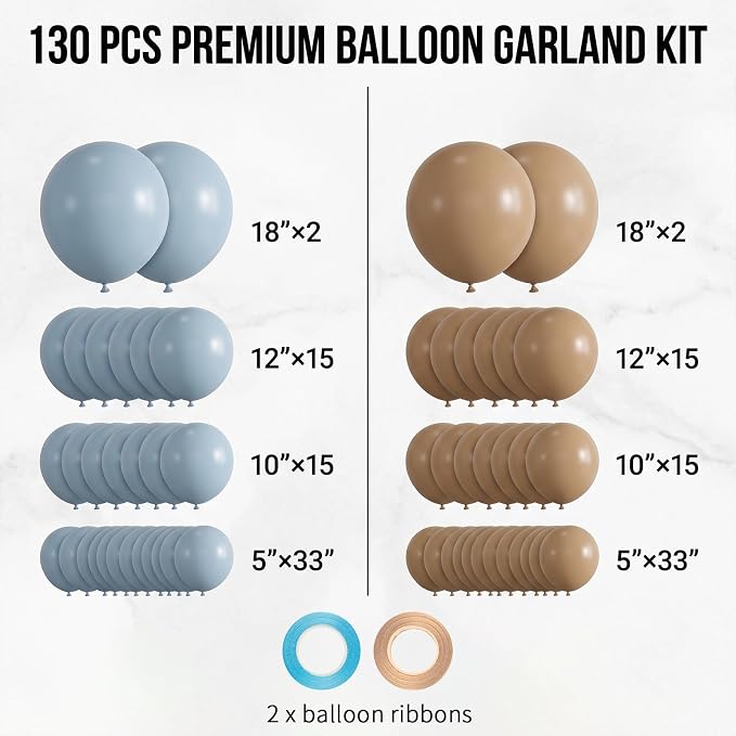 130pcs 18/12/10/5 Inch Dusty Blue and Khaki Balloon Garland Arch Kit | Assorted - Image 2