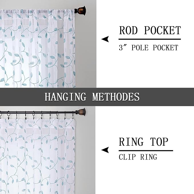 Tollpiz Leaves Sheer Curtains Teal Blue Leaf Embroidery Bedroom Curtain Rod - Image 5