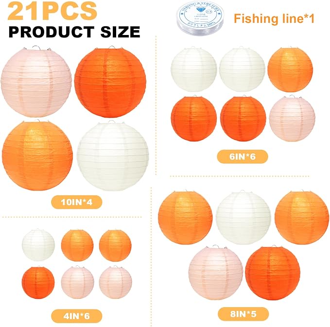 21Pcs Orange Paper Lanterns, 4-10in Hanging Decor - Image 2