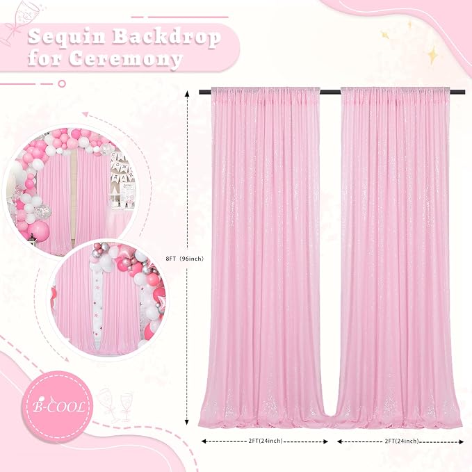 Pink Sequin Backdrop Curtains Party Photo Glitter Drapes 2 Pcs 2FTx8FT | - Image 4