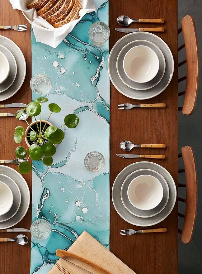 Turquoise Marble Cotton Linen Table Runner for Dining Kitchen, Wedding Outdoor Party Tablerunners Decoration, Nature Marble Crack Country Retro Dresser Scarf Coffee Tablecloth Runners 13x48 Inches