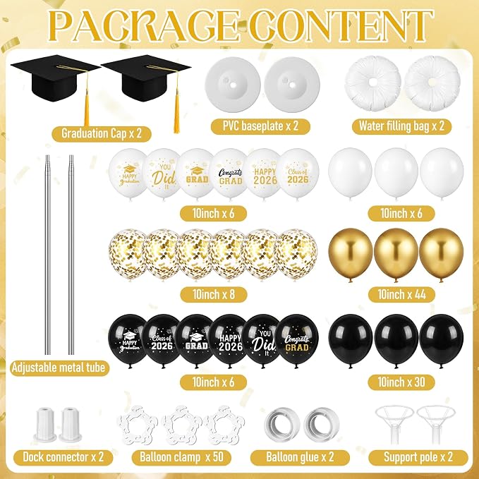 Thenshop 2 Sets Graduation Balloon Column Stand Kit 2026- Black Gold Balloon - Image 4