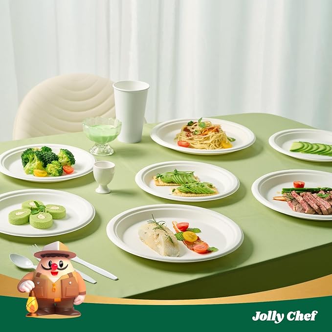 JOLLY CHEF Compostable Heavy Duty Plates 𝟭𝟬 𝗜𝗻𝗰𝗵 [𝟭𝟮𝟱 𝗣𝗮𝗰𝗸] Eco-Friendly Disposable White Paper Plates Made of Bagasse Biodegradable Bulk for Party Dinner Sugarcane Fibers Round 125 Count