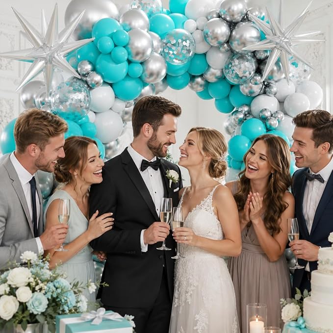 Teal Metallic Silver White Balloons Garland Arch Kit - Image 7