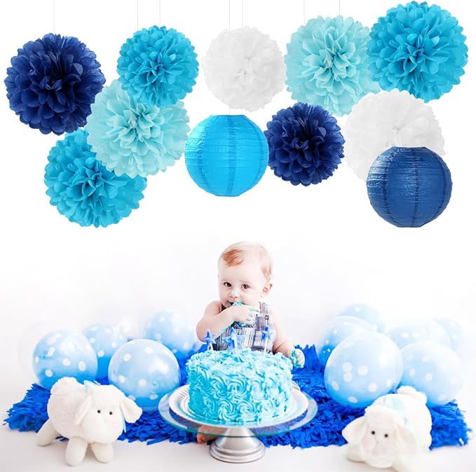 Blue-White Birthday Party-Decorations Paper-Flowers Lanterns - Image 4