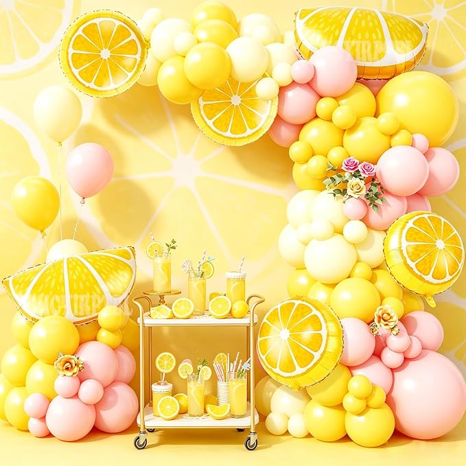 162Pcs Pastel Yellow Light Pink Lemon Balloon Arch Kit, Lemon Foil Balloons - Image 6