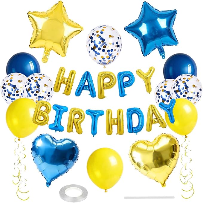 27 Pcs Gold Blue Birthday Decorations, 3D Letters Yellow Blue Happy Birthday by WEIKA