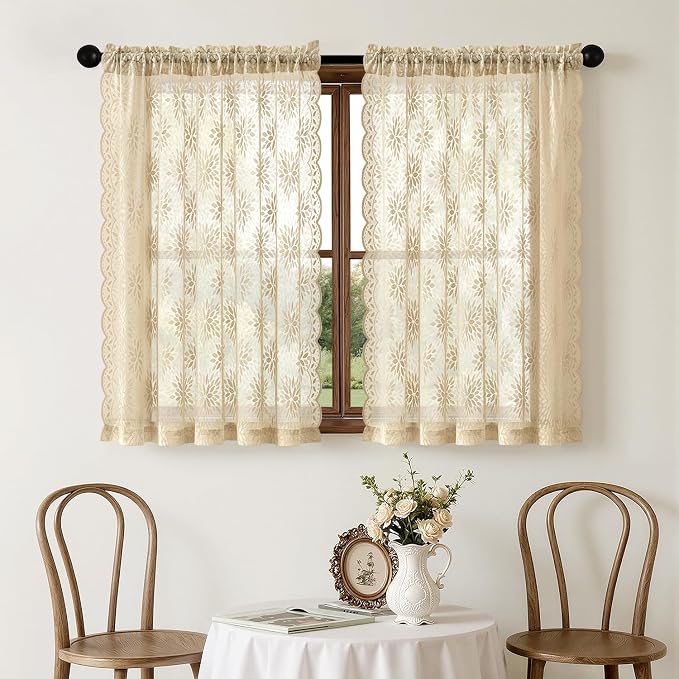 MIULEE Vintage Floral Scalloped Lace Curtains 2 Panels, Cream 52" W x 45" L | - Image 7