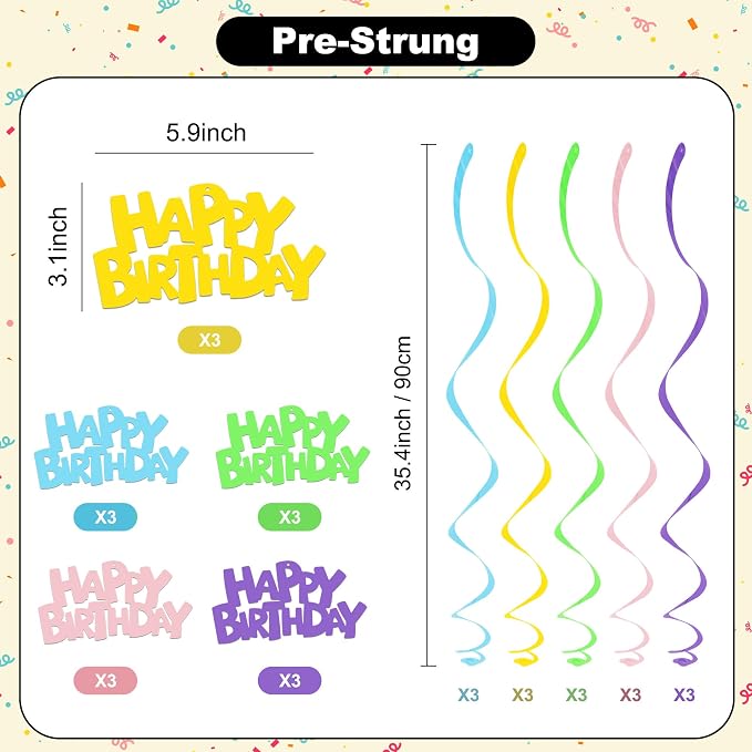 BEISHIDA 15 Pcs Pastel Happy Birthday Hanging Swirl Decorations, Kids Boys - Image 2