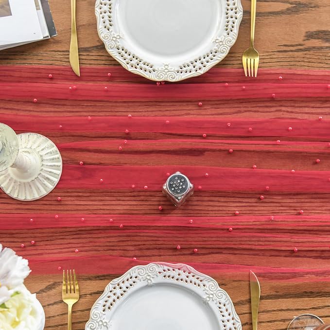 Artoid Mode 3PCS Pearl Red Gauze Table Runner 120 Inch 10FT, Seasonal Sheer - Image 2
