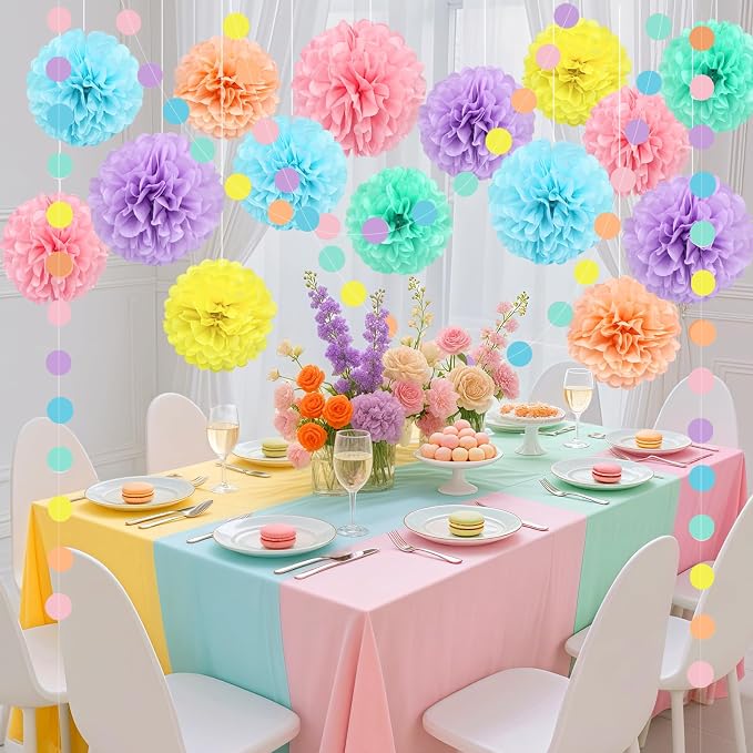 Macaron Colored Tissue Paper Pom Poms, Pastel Paper Pom Poms Circle Garland - Image 5