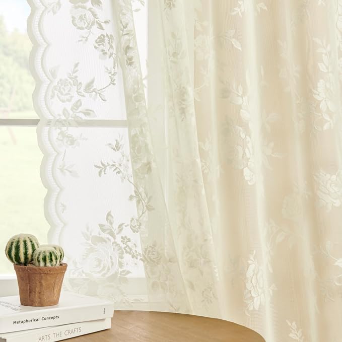 Cream Lace Curtains 45 Inch Length Victorian Floral Sheer Curtains - Image 4