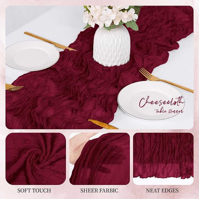 12 Pack Burgundy Cheesecloth Table Runner 17x108 Inch Semi Sheer Boho Gauze - Image 3
