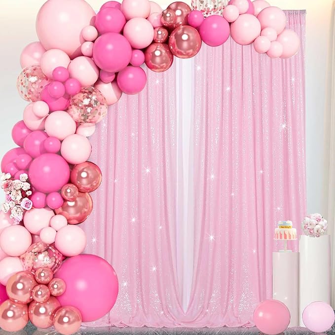 Pink Sequin Backdrop Curtains Party Photo Glitter Drapes 2 Pcs 2FTx8FT | - Image 2