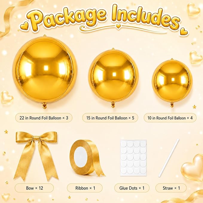 Gold Round Foil Balloons with Satin Bows and Ribbon - Image 2