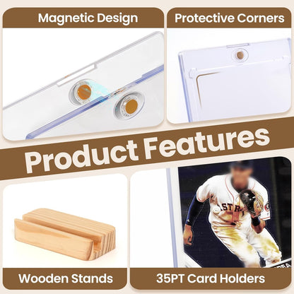 2 Pack Magnetic Card Holders for Trading Cards - 35pt Hard Plastic Card Protectors with 2 Wooden Stands, Baseball Trading Card Stands for Storage and Display, Card Case for MTG, Sports and Game Cards