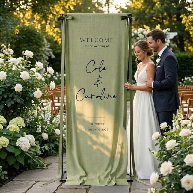 Personalized Wedding Welcome Banner Linen – Custom Names & Date, Elegant Fabric by Custom