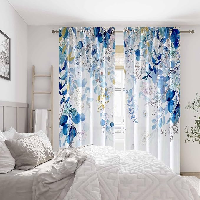 Blue Eucalyptus Curtains for Living Room 84" Length Watercolor Leaf Plant - Image 5