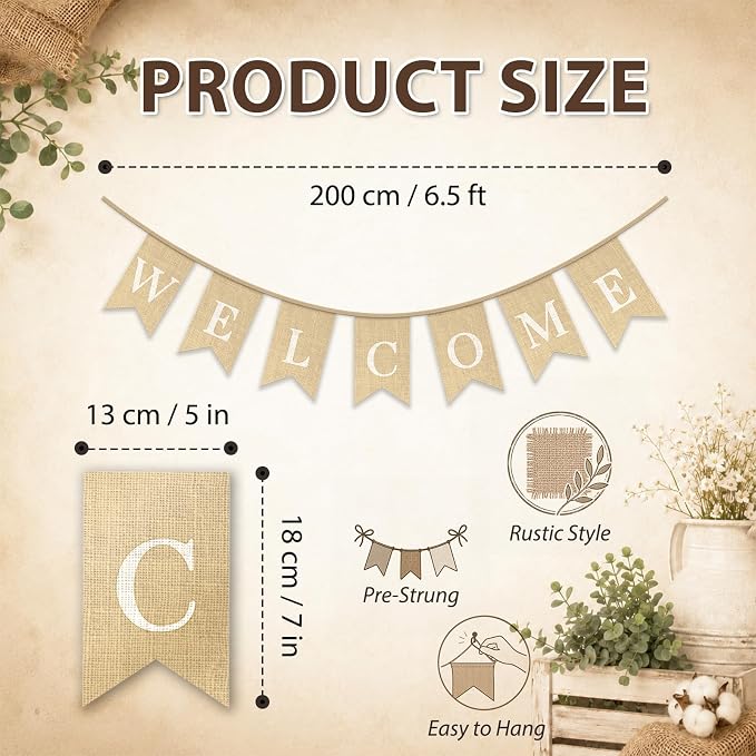 Pre-Strung WELCOME Banner with Burlap Flag, Rustic Linen Letter Garland - Image 2