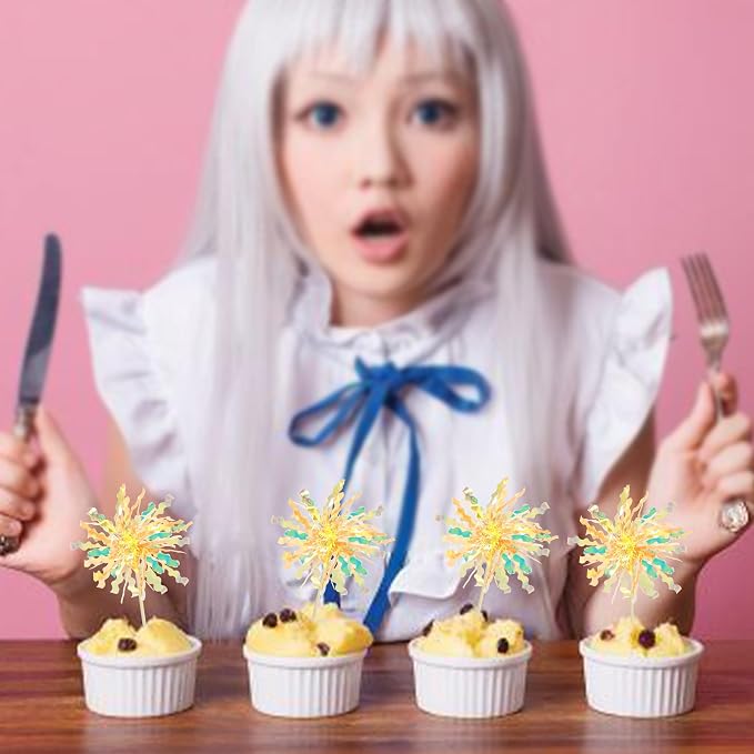 Gyufise 20Pcs Foil Firework Cupcake Toppers Happy Birthday Cake Toppers Tinsel - Image 5