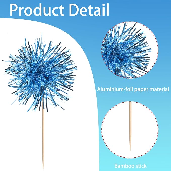 40 PCS Foil Firework Cupcake Toppers Light Blue Sparkler Cupcake Picks Sparkle - Image 3