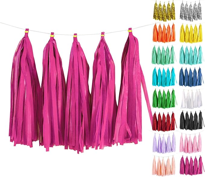Fuchsia Tassel Garland 20 Pcs, Tissue Paper Tassels Garland Banner by ODDODDY