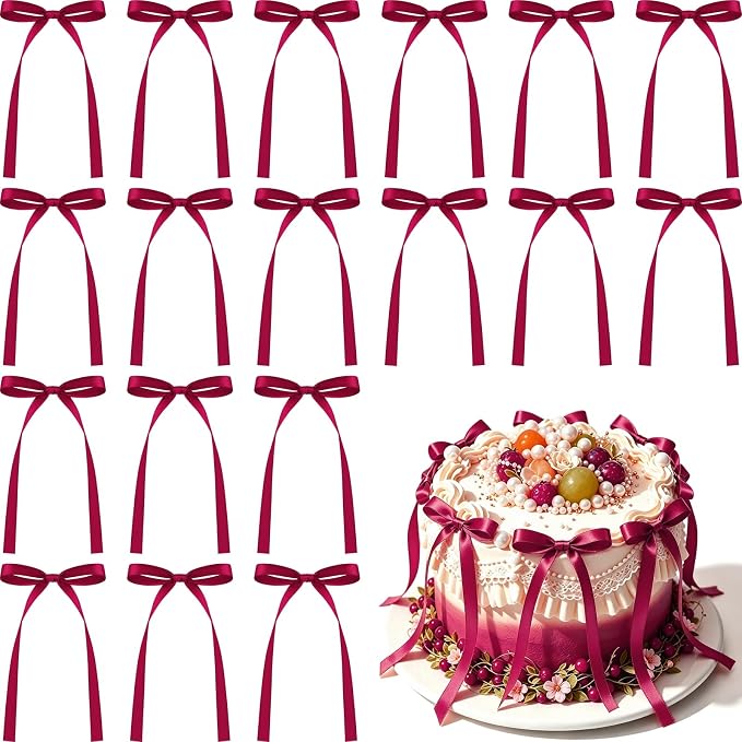 NEBURORA 50 Pcs Dark Red Bows for Cake Decoration Party Ribbon Bowknots | by NEBURORA