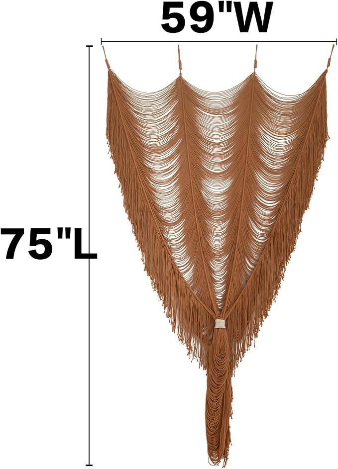 Macrame Curtain Boho Handmade Fiber Art Khaki Window Decor Yarn 59" W*75" L | - Image 5