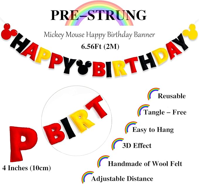 Pre-Strung 3D Felt Cartoon Mouse Happy Birthday Banner - Image 4