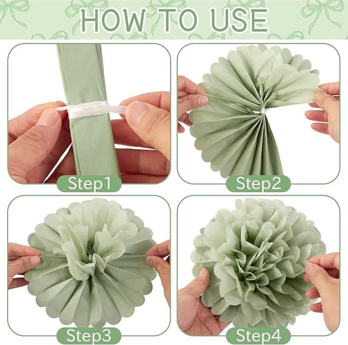 EASY JOY Sage Green Tissue Pom Poms Paper Flowers Decorations Natural Green - Image 3