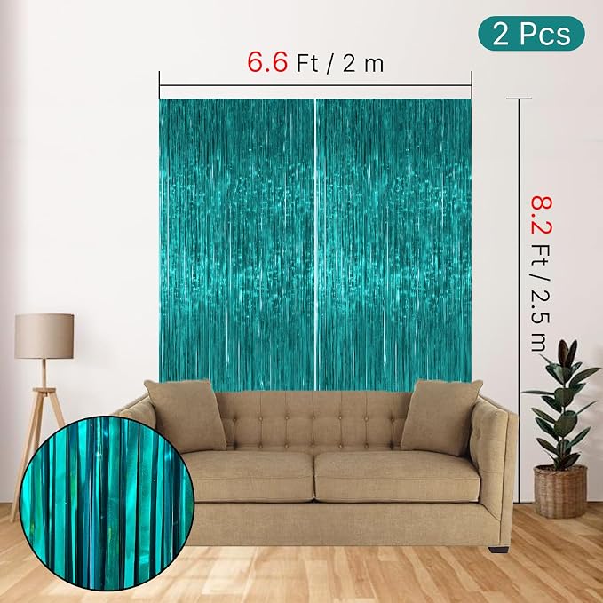 PartyWoo Teal Tinsel Streamers 8.2FT 2pcs Turquoise Foil Fringe Streamer | Teal - Image 4