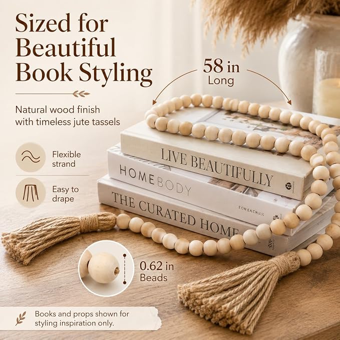 58in Wood Bead Garland Tassels, Farmhouse Tiered Tray Decor | Natural wood beads - Image 5