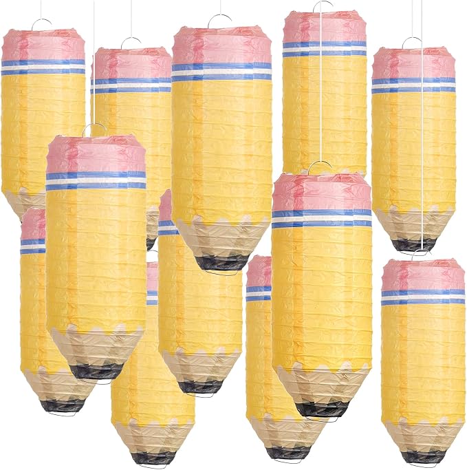 12 Pcs Yellow Pencil Hanging Paper Lanterns Back to School Classroom Decor | by Yolyoo