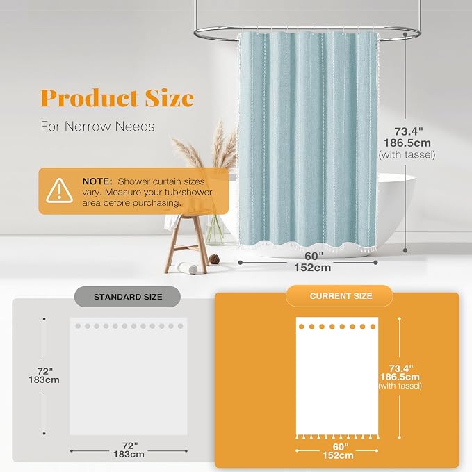 60x72 Boho Farmhouse Linen Heavy Duty Shower Curtain Set, Fog Blue | Narrow Size - Image 3
