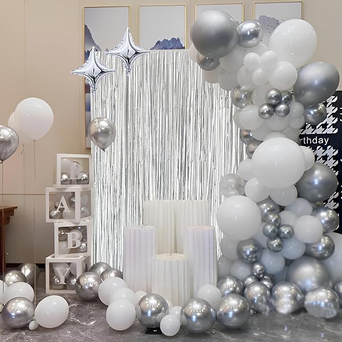 Silver Foil Fringe Curtain 3.3×8.3FT 2 Packs, Metallic Tinsel Curtains Party Streamers for Birthday Graduation Baby Shower Decoration (2pcs,3.3FT×8.3FT, Silver)