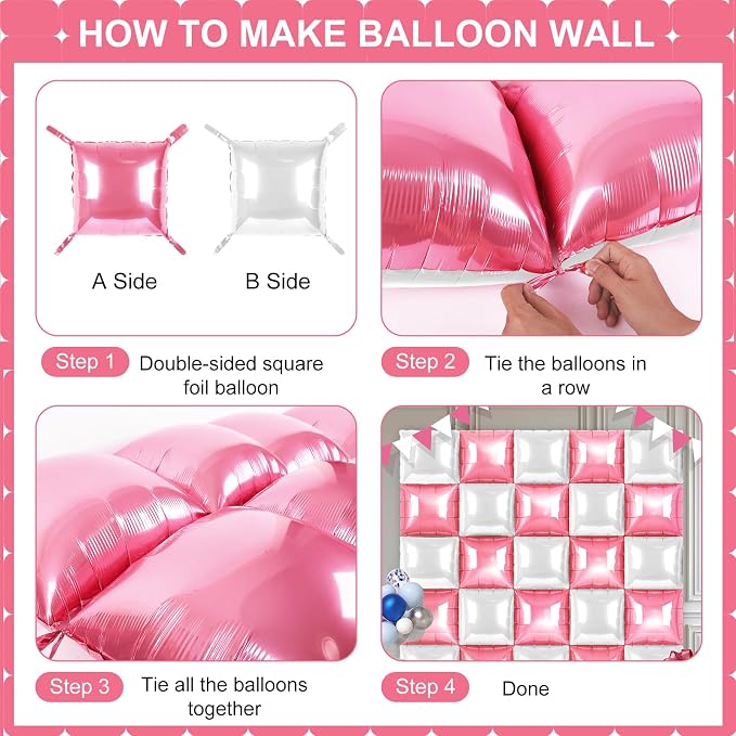 Pink and White Square Foil Balloons 25 Pcs Metallic Pink and White Balloons - Image 3